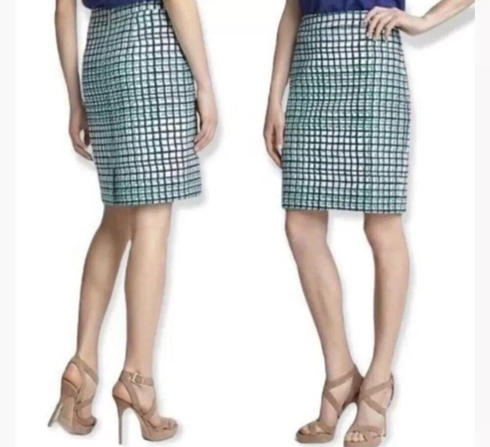 Kate Spade Judy Blue Green Check Cotton Blend Tweed Pencil Skirt Size 6 EUC